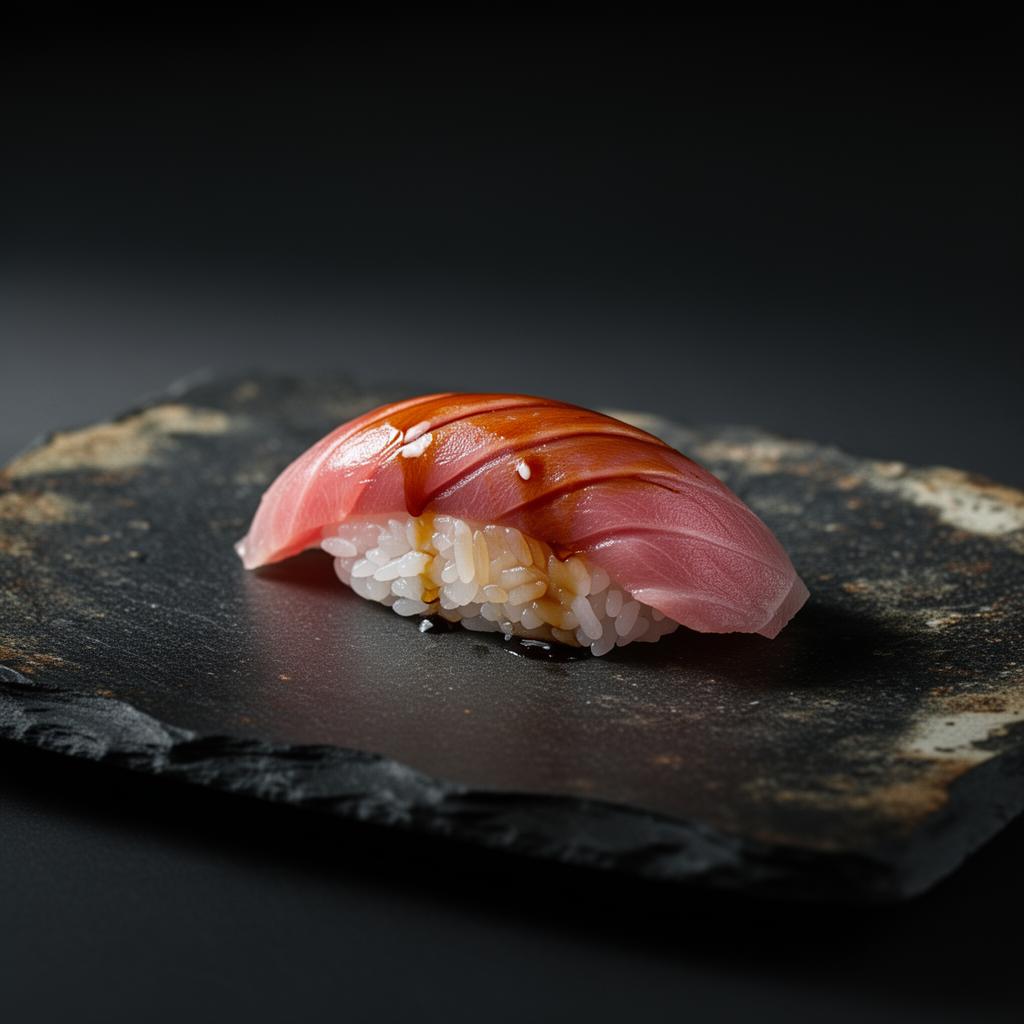 Handcrafted ceramic plate with a single piece of nigiri sushi on aged rice paper — editorial Japanese cuisine
